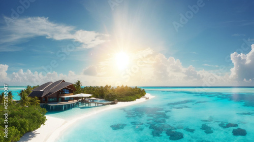 Maldives island panorama with sun shining