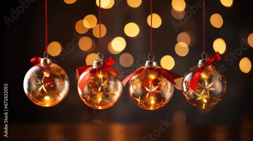 Christmas ornaments glass transparent balls. Christmas glassballs inside bright light garlands, hanging on gold ribbon