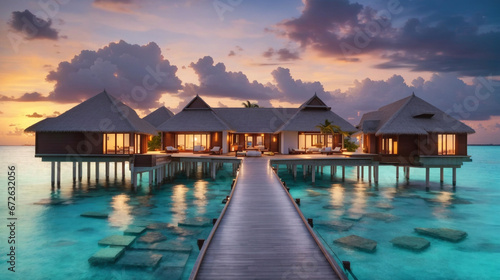 Maldives. Villa on piles on water at the time sunset.