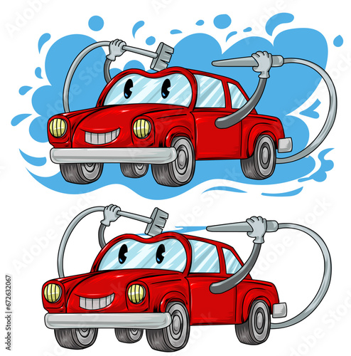Automobile Cartoon Character Car Wash. Vector Hand Drawn Illustration isolated on white background.