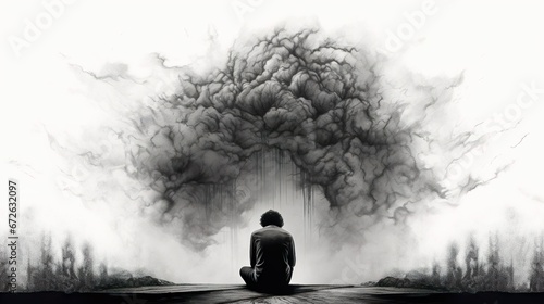 Depression and Anxiety Heavy Burden illustration black white color image.A man have a depression and sitting to back view,explosion above his head. photo