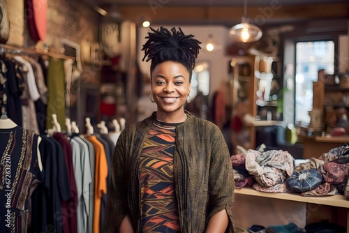smiling African woman clothing shop owner