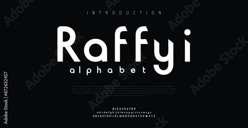 RAFFYI Modern alphabet. Dropped stunning font, type for futuristic logo, headline, creative lettering and maxi typography. Minimal style letters with yellow spot. Vector typographic design