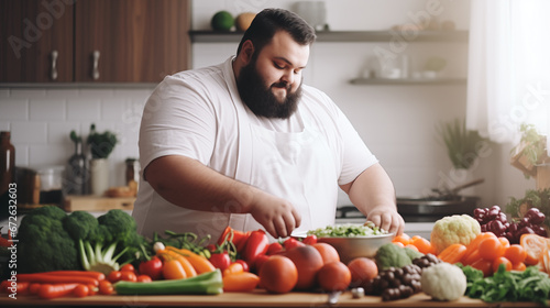  Overweight man preparing healthy food. 