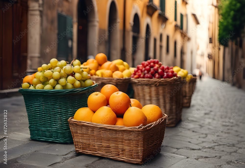 Fruits in baskets on a sunny Southern European street.