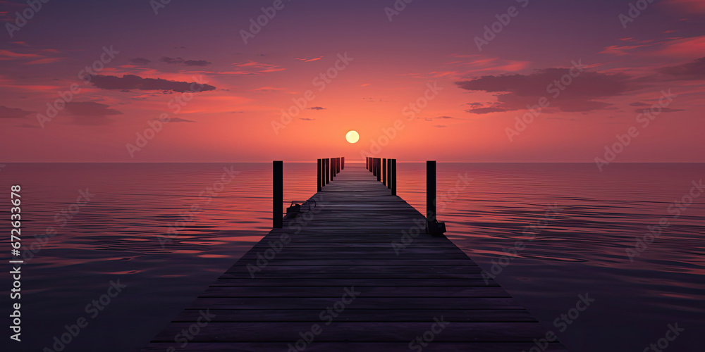 Wooden pier into beautiful sunset pier minimal anime style panorama landscape vibrant calm scene, generated ai