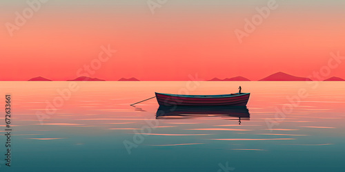 Sailboat minimal landscape panoramic illustration lake ocean sailing anime style sailboats, generated ai © dan
