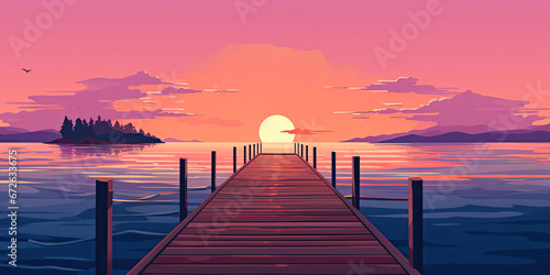 Wooden pier into beautiful sunset pier minimal anime style panorama landscape vibrant calm scene, generated ai