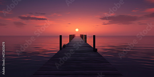 Wooden pier into beautiful sunset pier minimal anime style panorama landscape vibrant calm scene, generated ai © dan