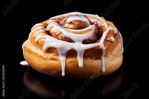 a cinnamon roll with icing on a black surface photo