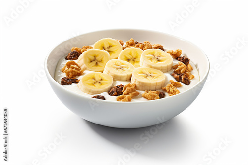 a bowl of cereal with bananas and raisins