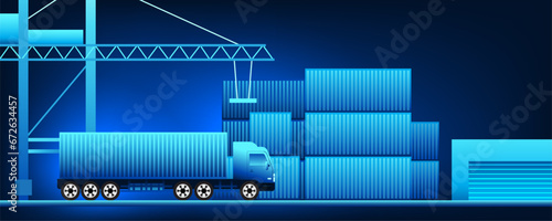 Transportation and logistics business technology Container truck is picking up cargo from the shipping port. to go to the warehouse destination Using technology to help make things faster.