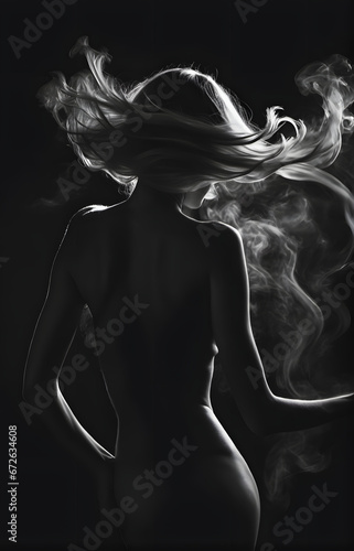 body shape of Woman black and white illustration with smoke in white colors. darker mood.