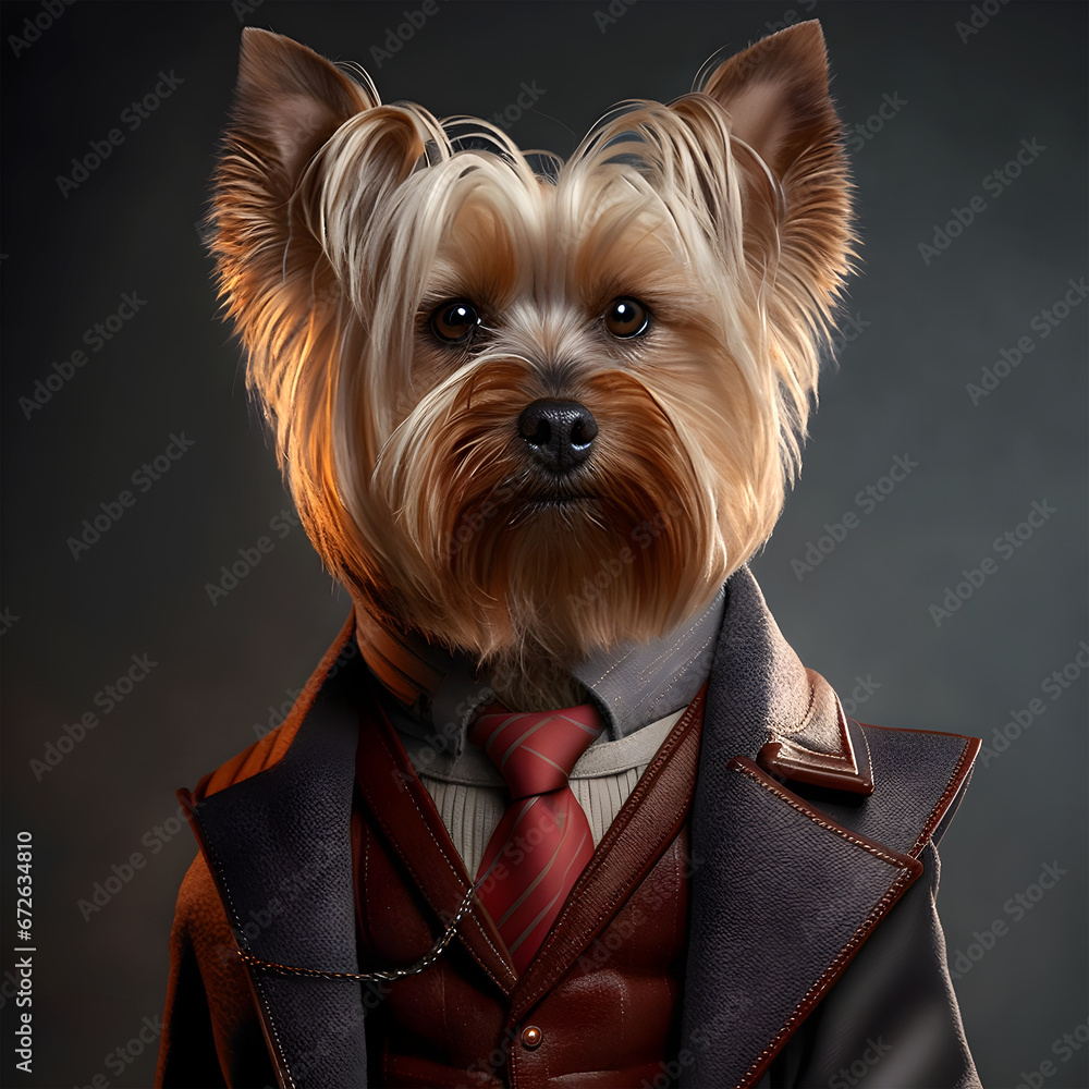 Realistic lifelike Yorkshire Terrier dog puppy in dapper high end luxury formal suit and shirt, commercial, editorial advertisement, surreal surrealism	
