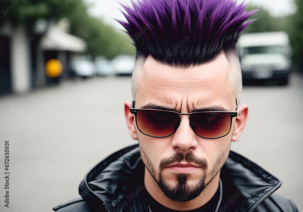 Young punk man wearing black glasses. Portrait of bold male with bright image, daring style. Generative AI. Young punk man wearing black glasses. Portrait of bold male with bright image, daring style. Generative AI.
