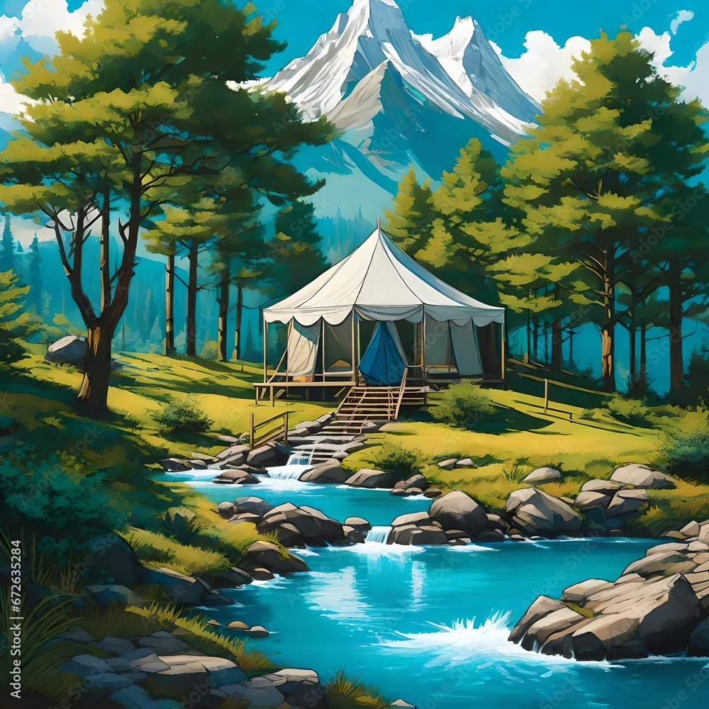 an oil painting style image of camping with a tent near a mountain in the summer season