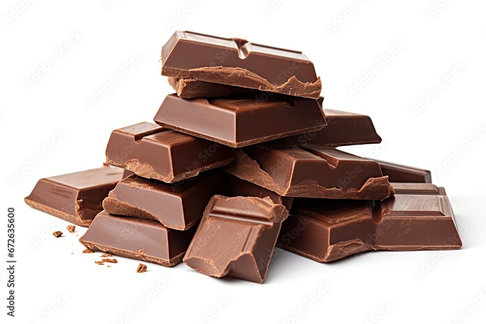 Tempting delights. Close up of delicious dark chocolate stack on white background isolated. Gourmet indulgence. Heap of tasty dark cocoa slices Tempting delights. Close up of delicious dark chocolate stack on white background isolated. Gourmet indulgence. Heap of tasty dark cocoa slices