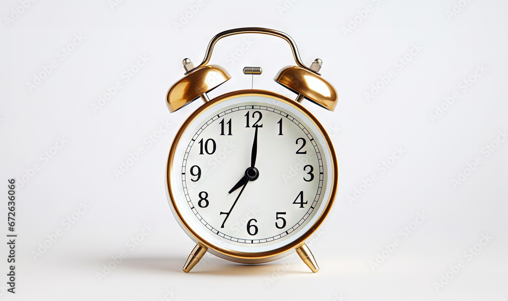 Retro alarm clock on white uniform background. Time to work or get up concept. Generative AI Retro alarm clock on white uniform background. Time to work or get up concept. Generative AI