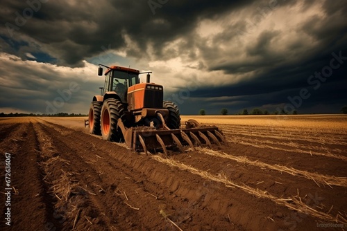 A tractor pulling a harrow in a field with cloudy sky. Generative AI photo
