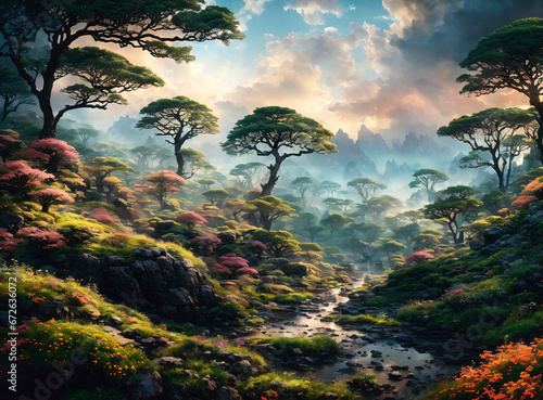 Beautiful fantasy landscape with forest and river at sunrise.