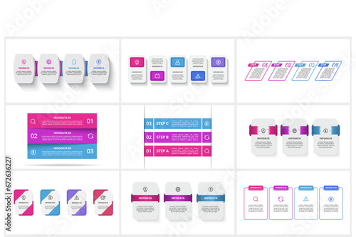 Set creative concept for infographic with 3, 4. 5 steps, options, parts or processes. Business data visualization.