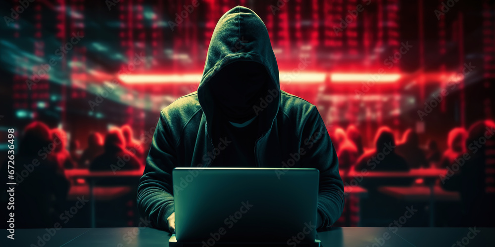 Cybernetic Enigma: Silhouetted Technomancer. Hacker with data flow behind in a dark room. Generative AI Cybernetic Enigma: Silhouetted Technomancer. Hacker with data flow behind in a dark room. Generative AI