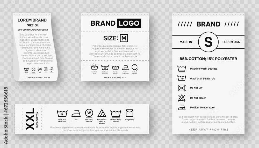 Laundry label collection with care symbols and washing instructions. Laundry care tags with washing, drying, bleaching, ironing and cleaning information. Vector - obrazy, fototapety, plakaty 