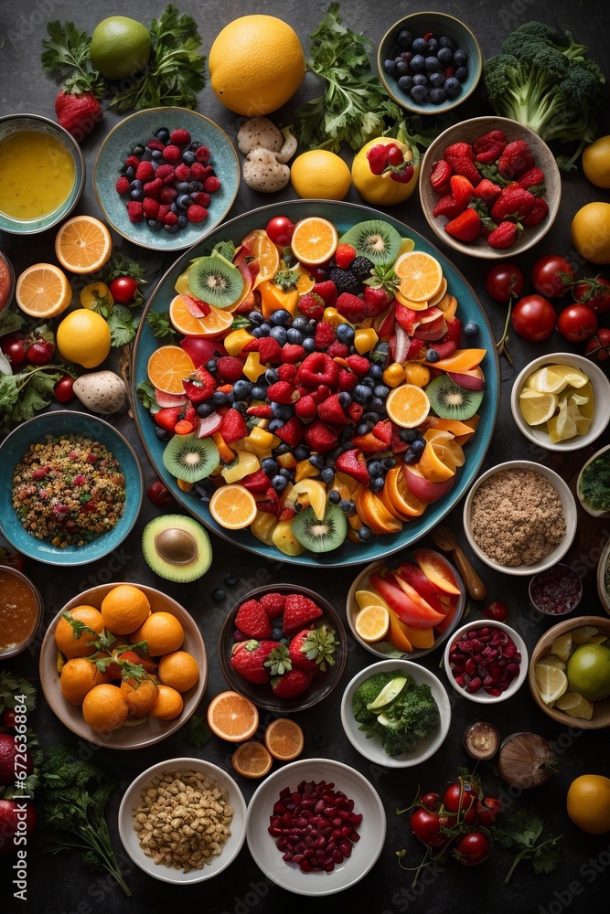 set of various plates of food on background, top view