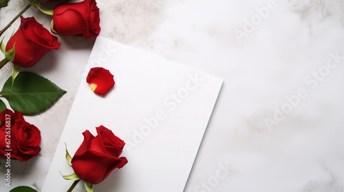 Valentine's Day and wedding greeting card invitation. Red roses with piece of paper.