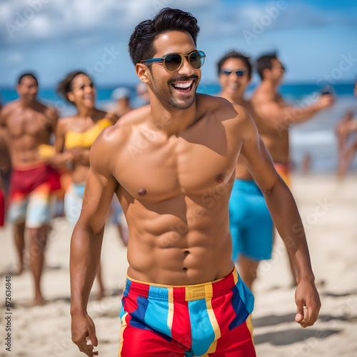 Tanned Man Smiling in the Beach for Having Fun Wearing a Colourful Shorts