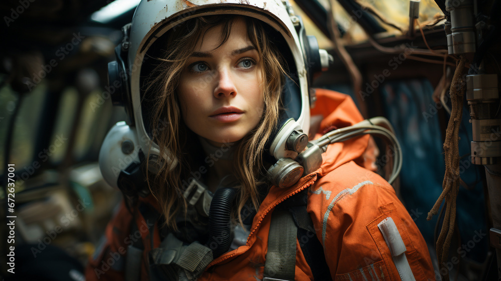 Female astronaut researcher exploring a strange alien planet, conducting scientific research. Female astronaut researcher exploring a strange alien planet, conducting scientific research.