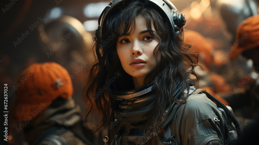 Female astronaut researcher exploring a strange alien planet, conducting scientific research. Female astronaut researcher exploring a strange alien planet, conducting scientific research.