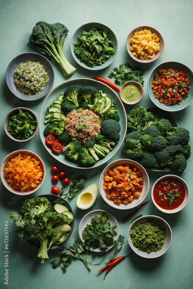 set of various plates of food on background, top view set of various plates of food on background, top view