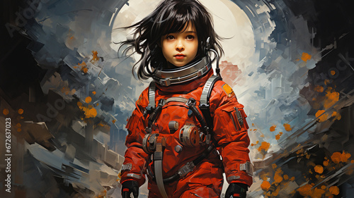 Child taikonaut in a space suit investigating a strange alien planet. photo
