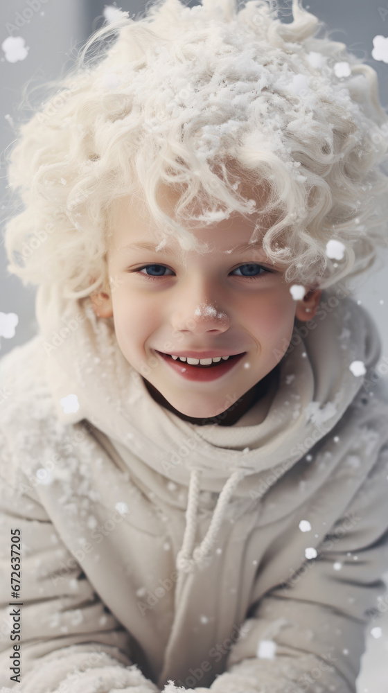 Happy albino boy rejoices at the fallen snow, winter holidays. Happy albino boy rejoices at the fallen snow, winter holidays.