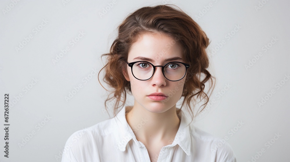 Portrait of a brown hair white girl with Sorrow expression wearing glasses against white background, AI generated, background image