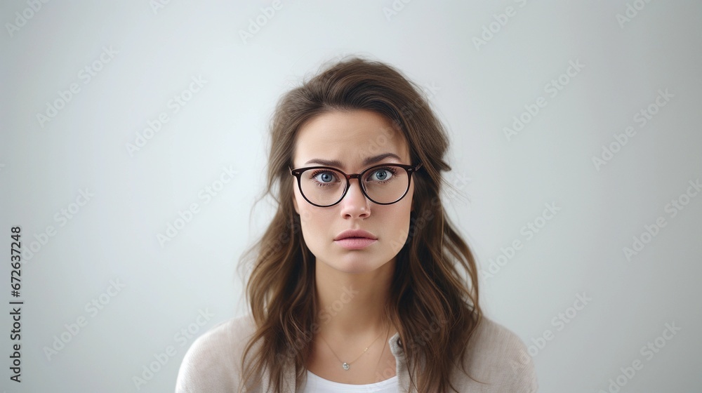 Portrait of a brown hair white girl with Sorrow expression wearing glasses against white background, AI generated, background image Portrait of a brown hair white girl with Sorrow expression wearing glasses against white background, AI generated, background image