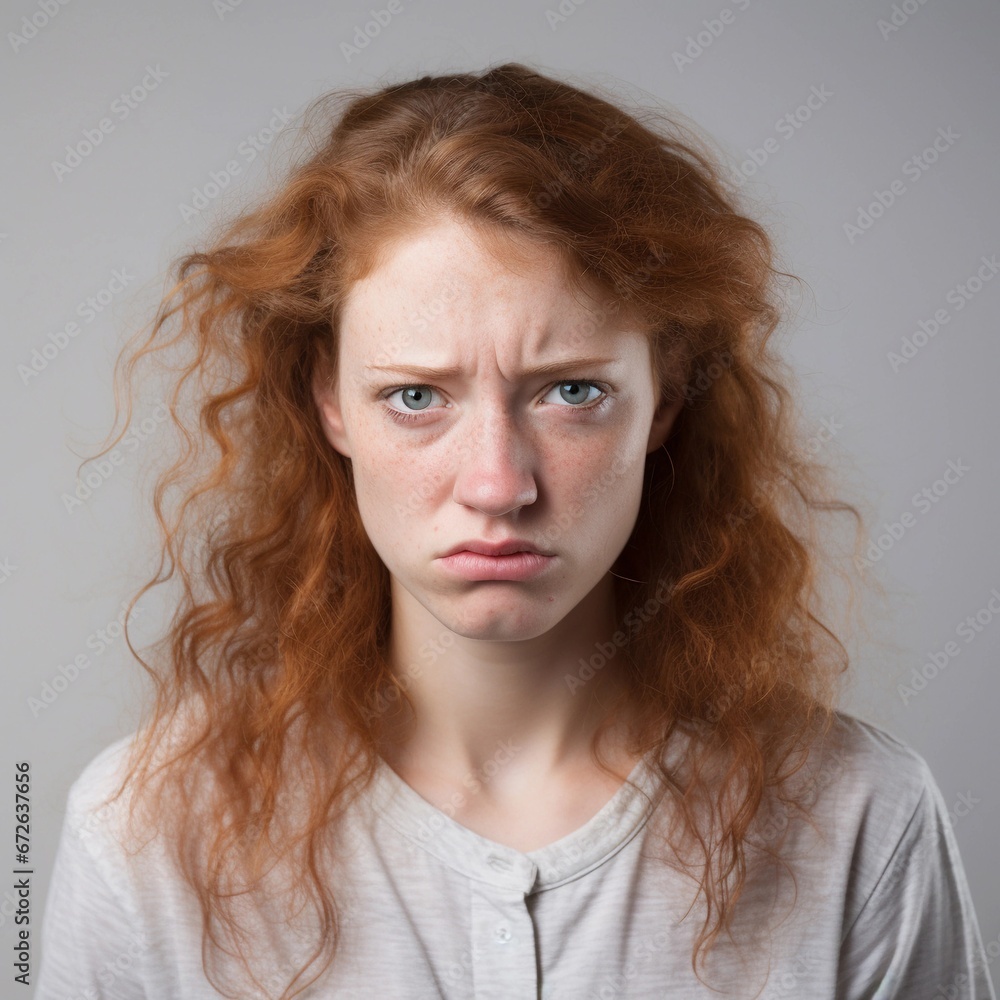 Portrait of a white female with frustrated expression against white background, AI generated, background image Portrait of a white female with frustrated expression against white background, AI generated, background image