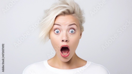 Portrait of a white female with Shocked expression against white background, AI generated, background image