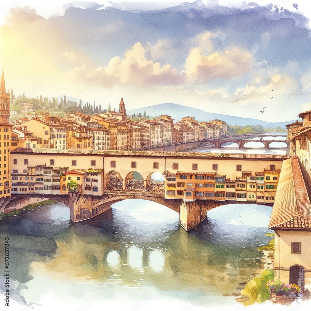 watercolors of Ponte Vecchio in Florence. Generative ai - obrazy, fototapety, plakaty 