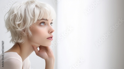 Portrait of a white female with thinking out loud expression against white background, AI generated, background image