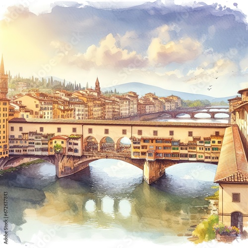 watercolors of Ponte Vecchio in Florence. Generative ai photo