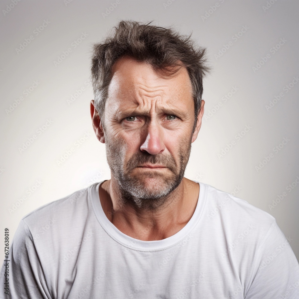 Portrait of a white male with frustrated expression against white background, AI generated, background image Portrait of a white male with frustrated expression against white background, AI generated, background image