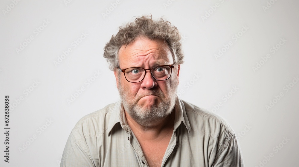 Obraz premium Portrait of a white male with frustrated expression against white background, AI generated, background image