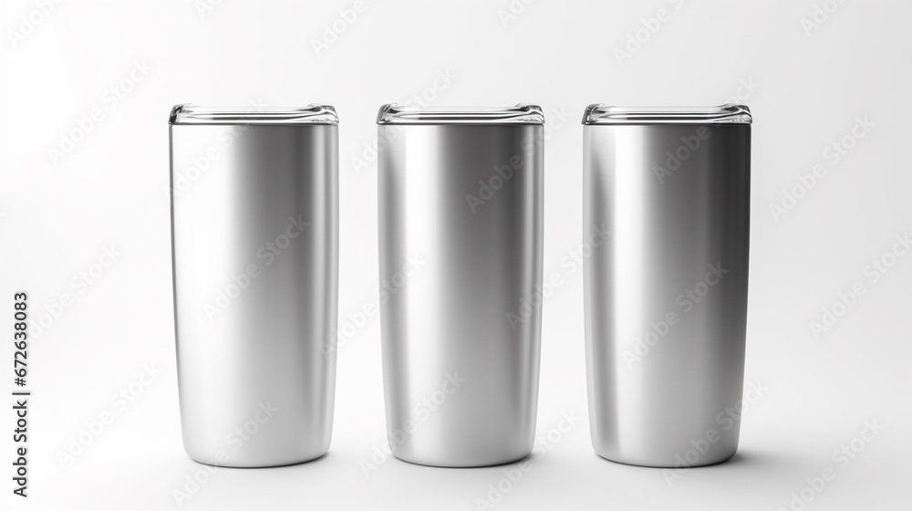 Set of Blank Empty Stainless Steel Metallic Tumbler Cup with Lid, Isolated on White Background. Water Bottle, Product Mock-up - Coffee or Tea Tumbler, Travel Cup, 3D Render, Packaging. Generative AI. Set of Blank Empty Stainless Steel Metallic Tumbler Cup with Lid, Isolated on White Background. Water Bottle, Product Mock-up - Coffee or Tea Tumbler, Travel Cup, 3D Render, Packaging. Generative AI.