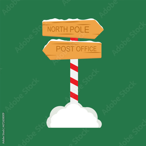 Cute North Pole Signboards and Christmas Wooden Street Signs in Snow, Winter Pointers with Garlands, Snow, and Striped Poles. Xmas Cartoon Vector Illustration