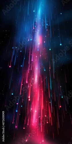 Colorful space rain background with colorful rays drawn on the dark, in the style of light crimson and blue, light black and pink, smooth and shiny, realistic lighting, light emerald and crimson, photo