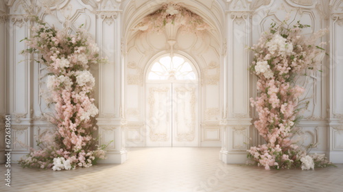 High-Resolution 3D Rendering Stock Photo: Ornate White Room with Large Door Adorned with Flowers. Rococo Extravagance in Light Pink and Beige, Featuring Arched Doorways and Texture-Rich Ambiance. Dark