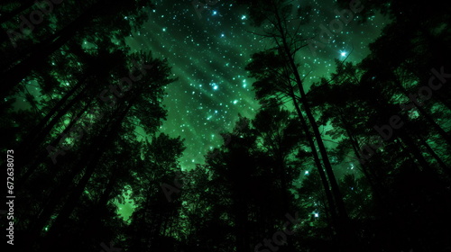 Forest with green aurora bores and stars above  in the style of dark emerald  atmospheric installations   low-angle  light black and turquoise  luminous fantasies