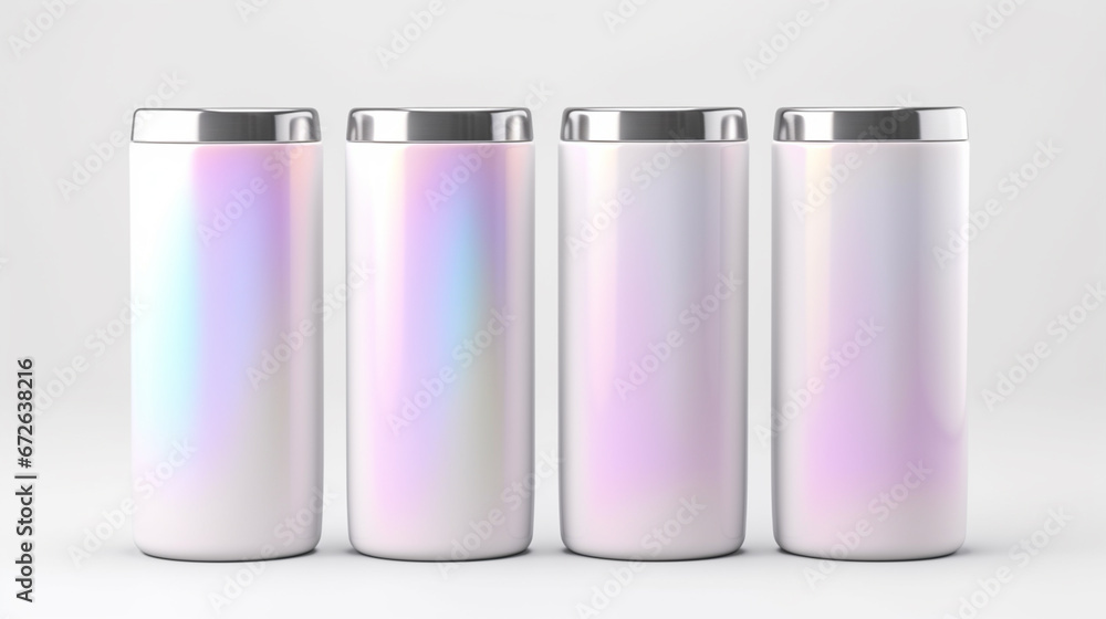 Set of Blank Empty Pearlsecent Metallic Tumbler Cup with Lid, Isolated on White Background. Water Bottle, Product Mock-up - Coffee or Tea Tumbler, Travel Cup, 3D Render, Packaging. Generative AI. Set of Blank Empty Pearlsecent Metallic Tumbler Cup with Lid, Isolated on White Background. Water Bottle, Product Mock-up - Coffee or Tea Tumbler, Travel Cup, 3D Render, Packaging. Generative AI.